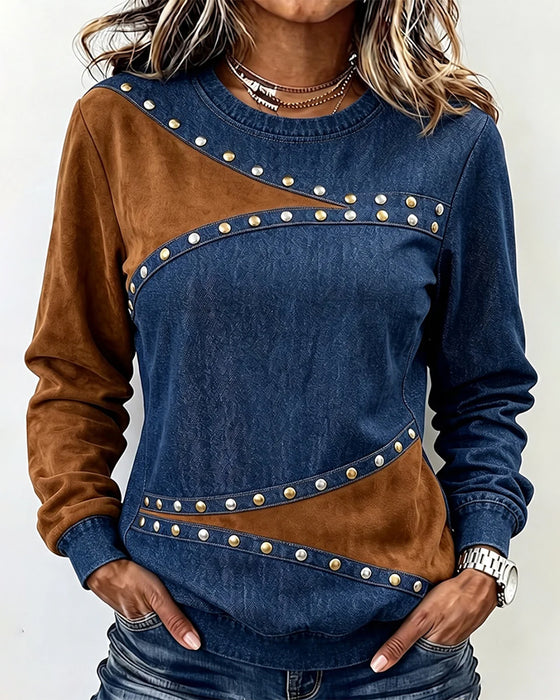 Top Ronde Hals Denim Spliced Kleurblok