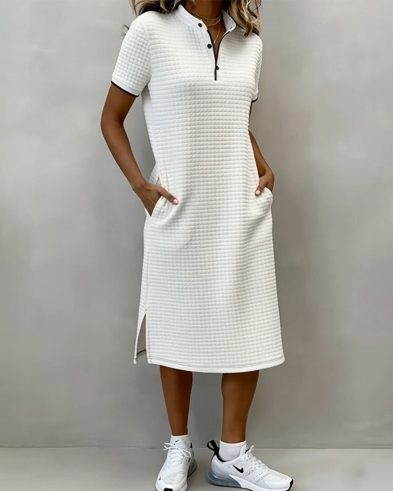 Jurk Ruit Staande Kraag Korte Mouw