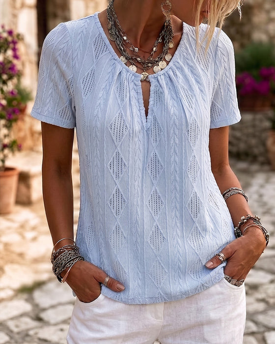 Blouse Met Ruit Jacquard, Korte Mouwen