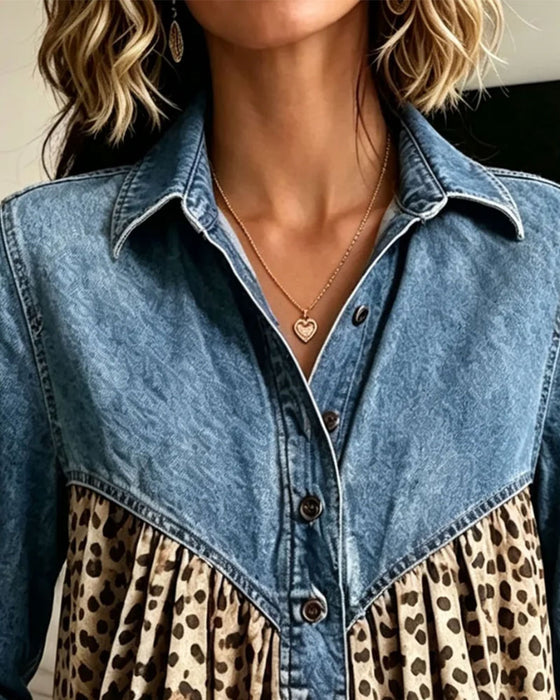 Top Denim Luipaardprint Patchwork Kraag