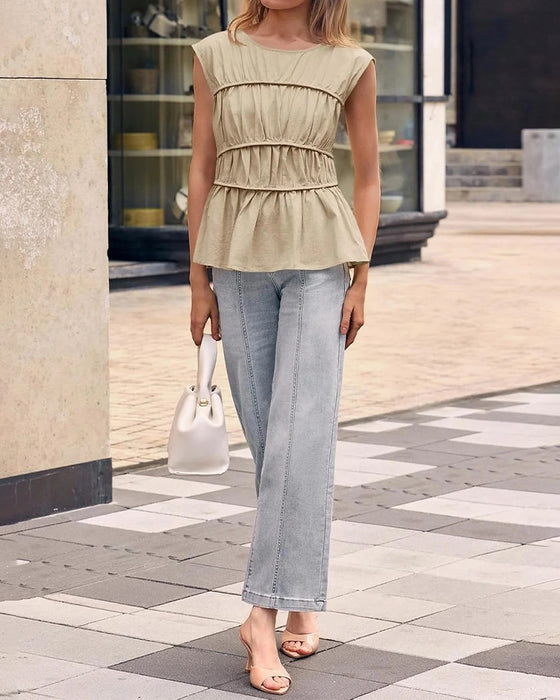 Blouse Ronde Hals Gerimpeld Taille