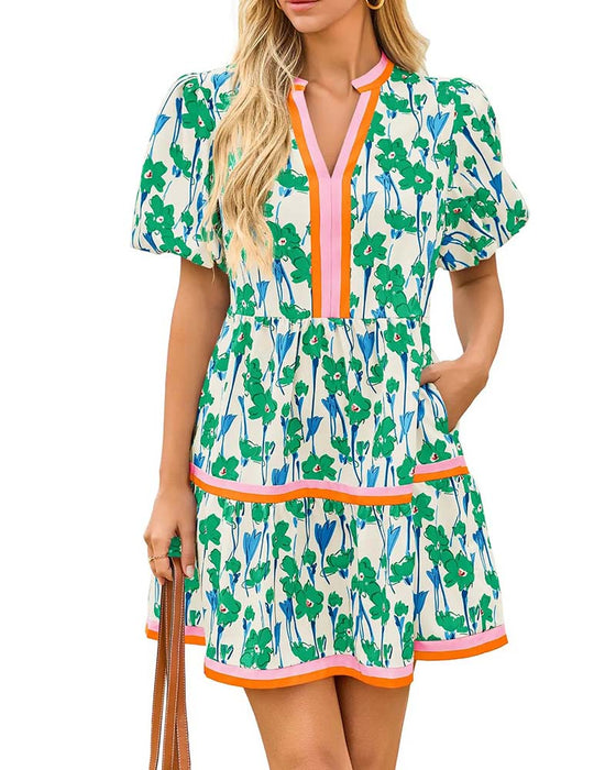 Jurk V-Hals Bloemen Ballon Mouw Patchwork