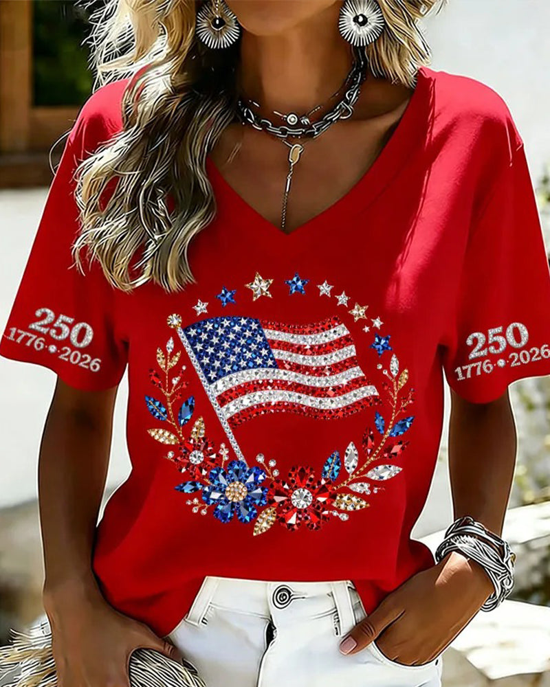 T-Shirt V-Hals Letter Bloemen Korte Mouw
