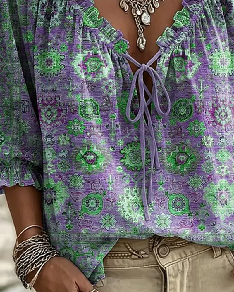 Blouse V-Hals Strik Vintage Print