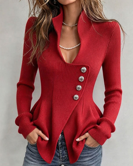 Pullover Opstaande Kraag Asymmetrisch Knoop Onregelmatige Taille