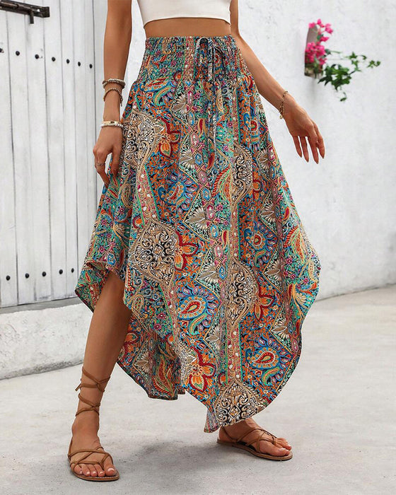 Rok Met Een Elastische tailleband, Retro - prints En Een Gekromde Saum