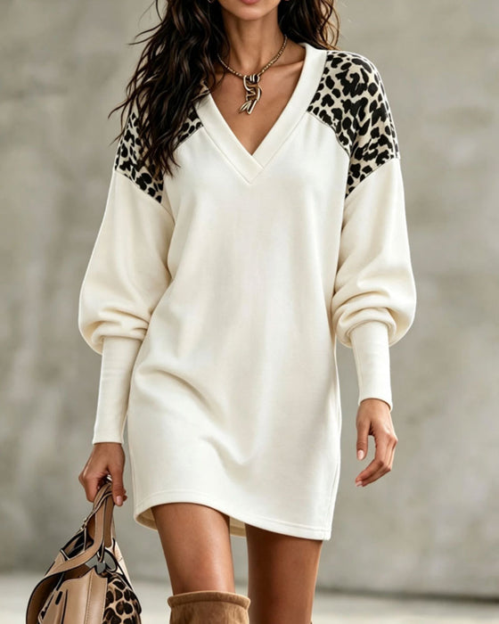 Jurk V-Hals Luipaardprint Lantaarn Mouw Pullover