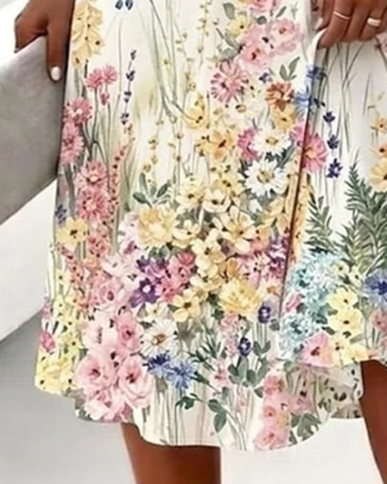 Jurk V-Hals Bloemen Korte Mouw A-Lijn