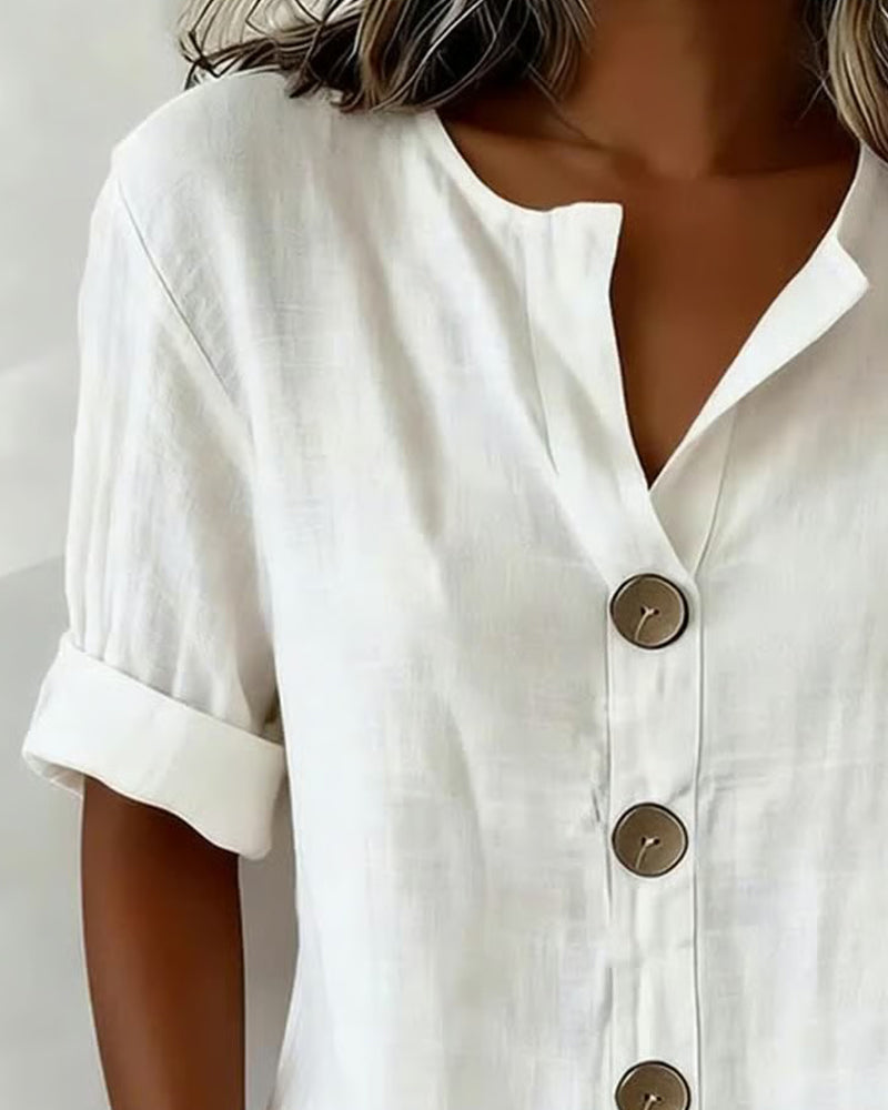 Ruime Blouse Met Korte Mouwen En Grote Knopen