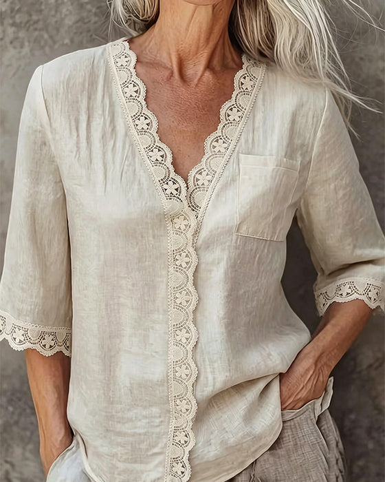 Blouse V-Hals Kant Patchwork 3/4-Mouw