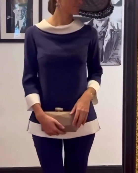 Casual contrasterende kleur losse top met opstaande kraag