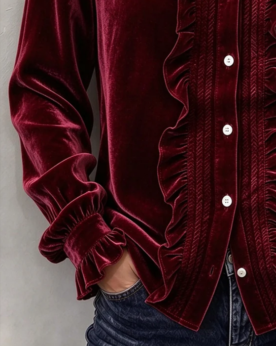 Blouse Velvet Ruffle-Trim V-Neck Langmouw
