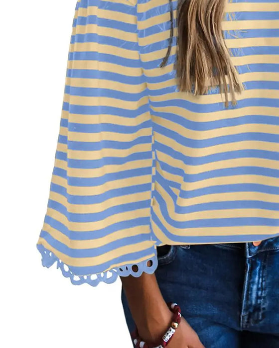 Blouse Ronde Hals Drop Schouder Streep Uitsnede