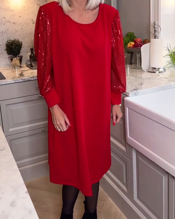 Modieuze effenkleurige pailletten patchwork jurk met lange mouwen