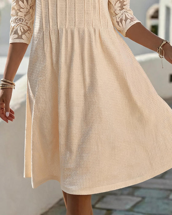 Jurk Ronde Hals Kant Patchwork Wafel
