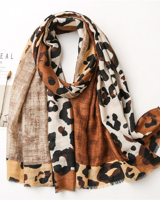 Dames Sjaal Luipaard Patchwork Print Franje Omslagdoek