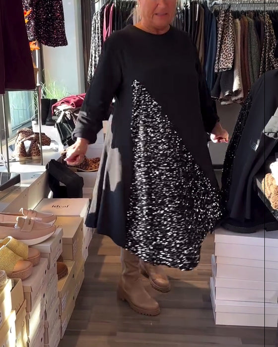 Jurk Glitter Panel Ronde Hals