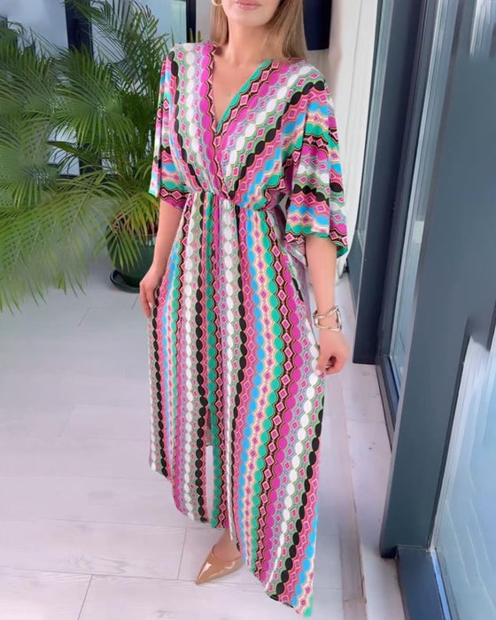 Kleurrijke patchwork bedrukte jurk met V-hals en driekwart mouwen