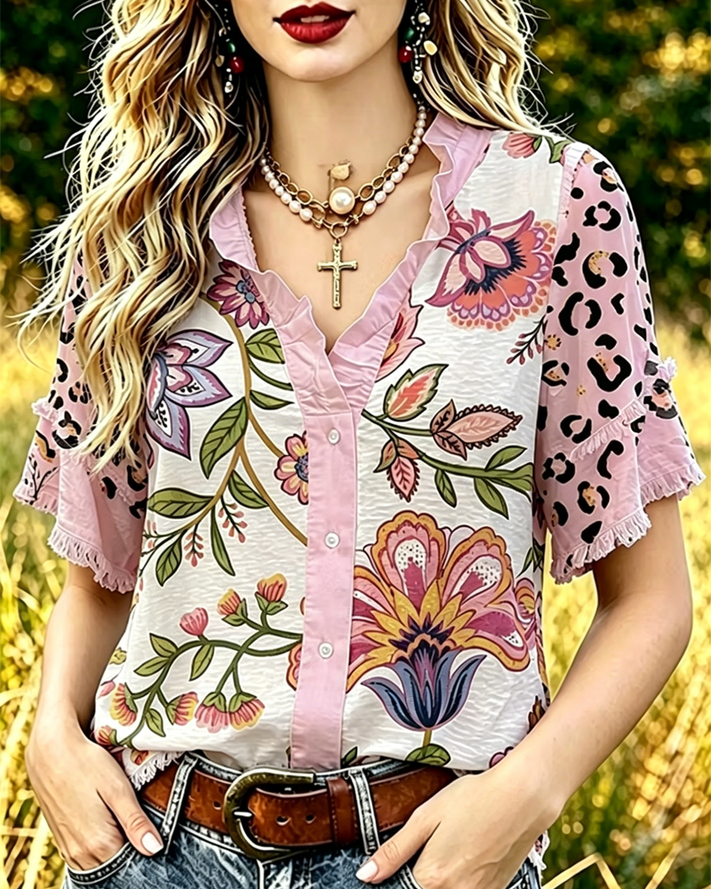 Blouse V-Hals Contrast Print