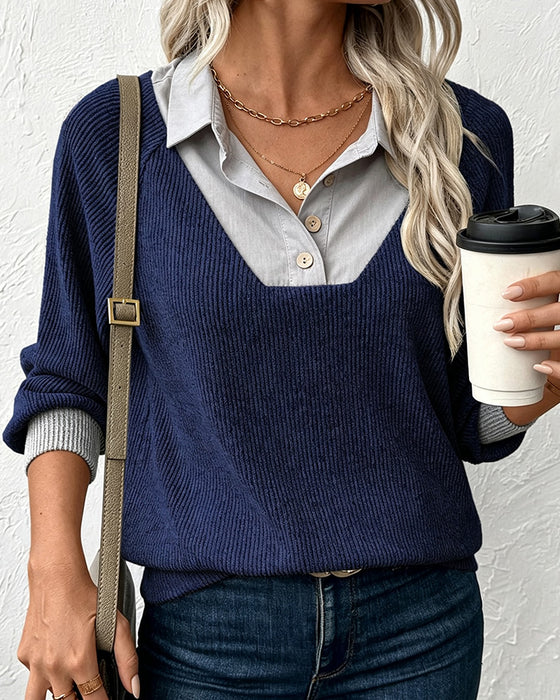Knit Top Met Contrastkraag Lange Mouwen