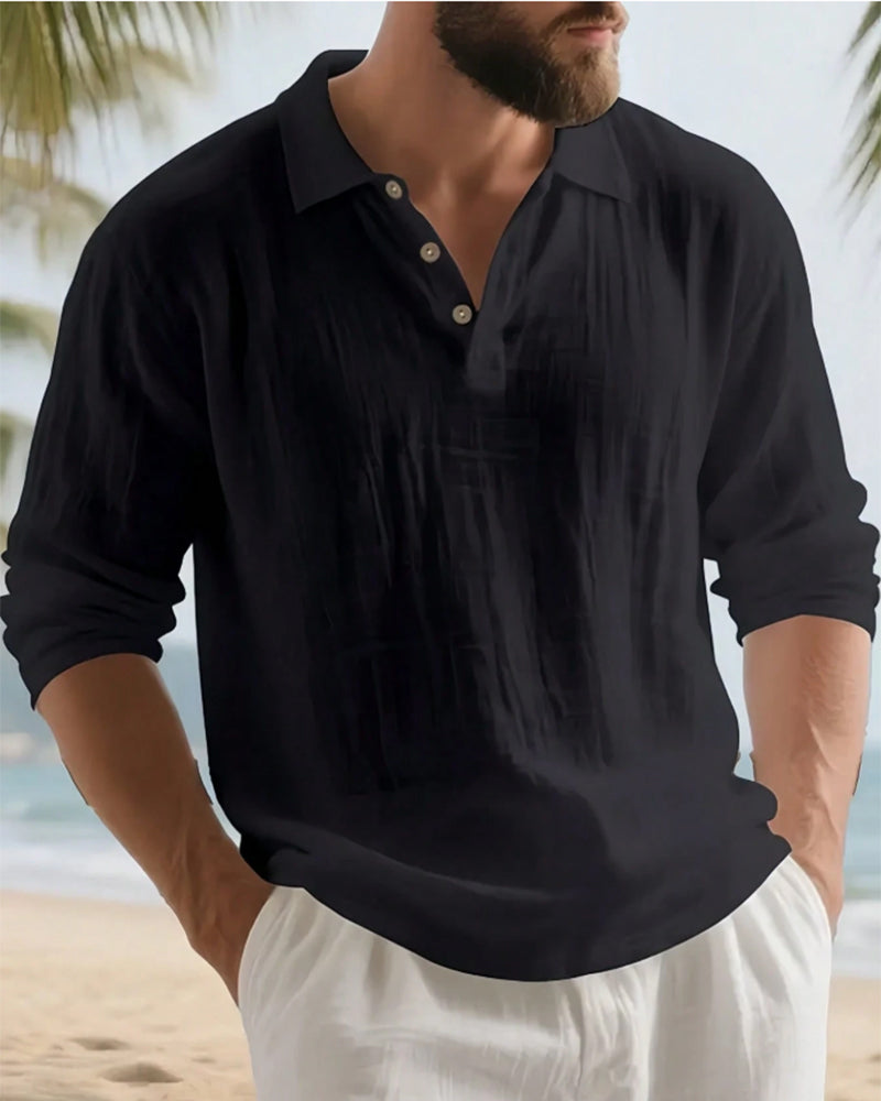 Overhemd Heren Lichtgewicht Los Linnen Lange Mouw Polo