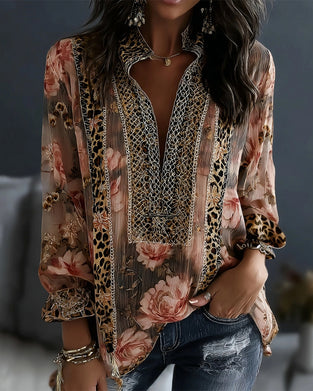 Blouse Bloemen Luipaard Lange Mouw