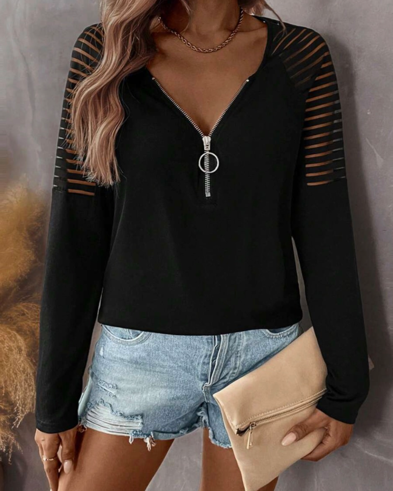 Top Met Rits Detail, Lang Mouw Ontwerp En Enkelkleurige Stijl