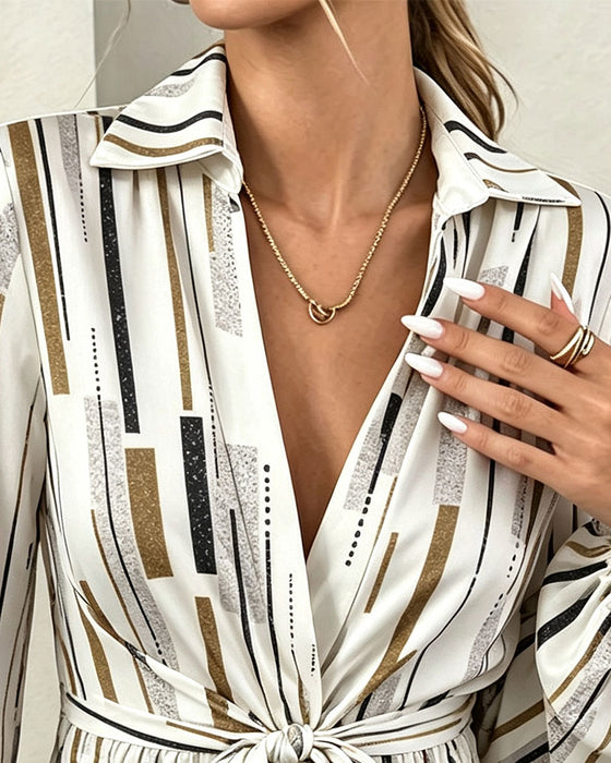Blouse Geometrische Streep Getailleerde Taille Trekkoord