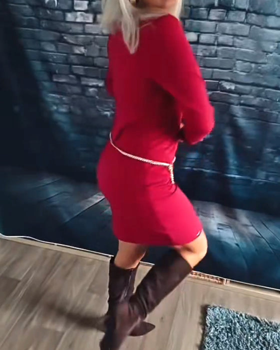 Modieuze Jurk Met V-Hals En Lange Mouwen