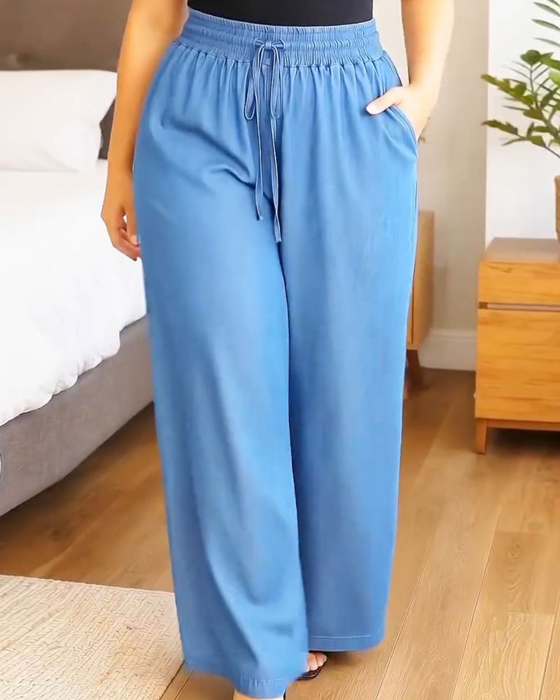 Broek Elastische Taille Trekkoord Effen Wijd Pijp Lang