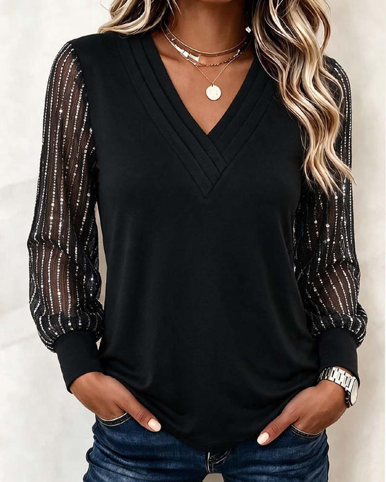 Top V-Hals Mesh Lange Mouw Patchwork