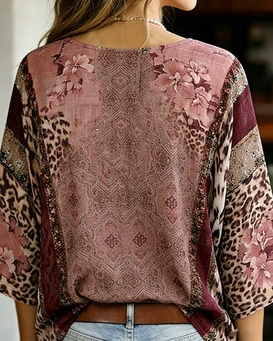 Blouse V-Hals Lantaarn Mouw Luipaard