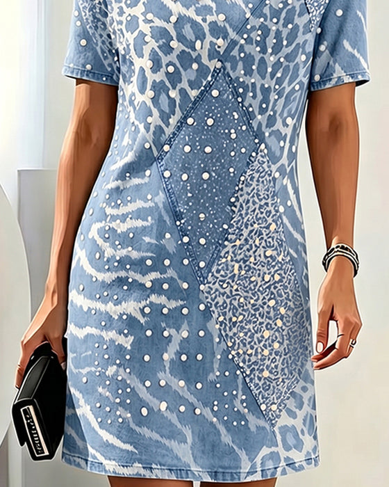 Jurk Luipaardprint Rondhals Kortmouw Patchwork