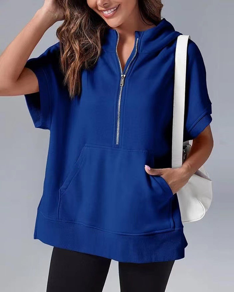 Sweatshirt Korte Mouw Gedeeltelijke Rits Capuchon