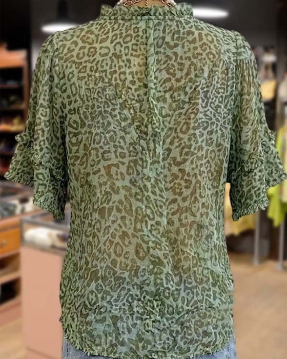Blouse Groentint Luipaard Afdruk Ruffle