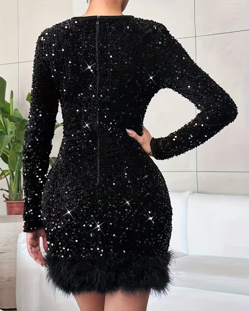 Jurk Pluche Met Pailletten Patchwork Ronde Hals