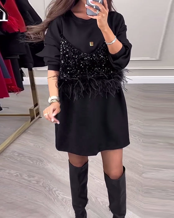 Mode effen kleur jurk met pailletten en veren patchwork