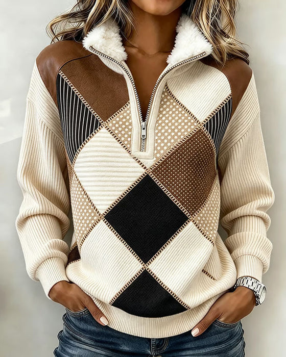 Sweatshirt Kraag Rits Gestreept Ruitpatroon