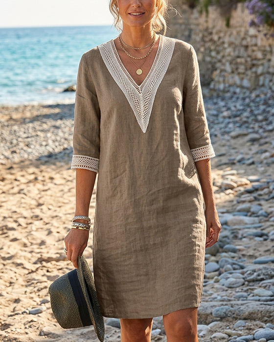 Jurk Driekwart Mouw V-Hals Kant Patchwork