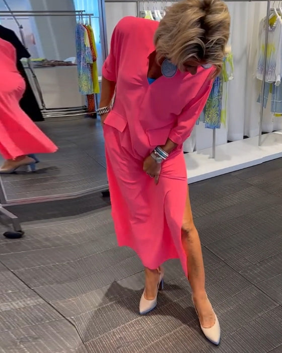 Effen jurk met split en V-hals