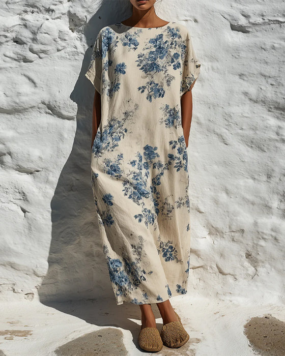 Jurk Ronde Hals Vintage Blauw Floral