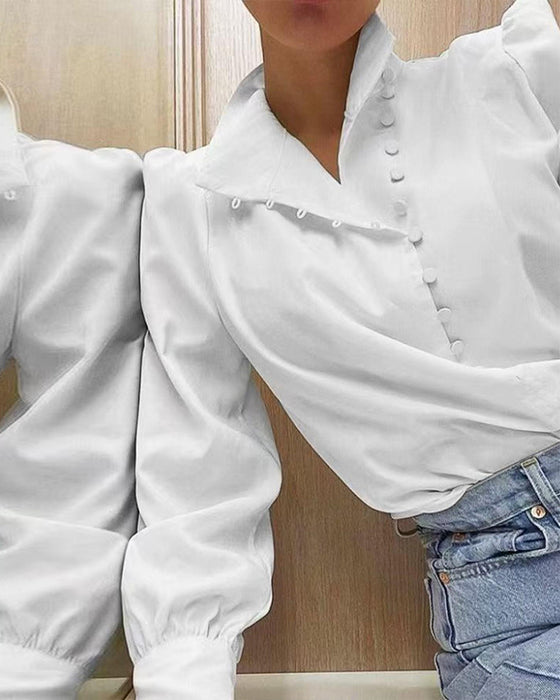 Blouse Opstaande Kraag Knoopsluiting Lange Mouw