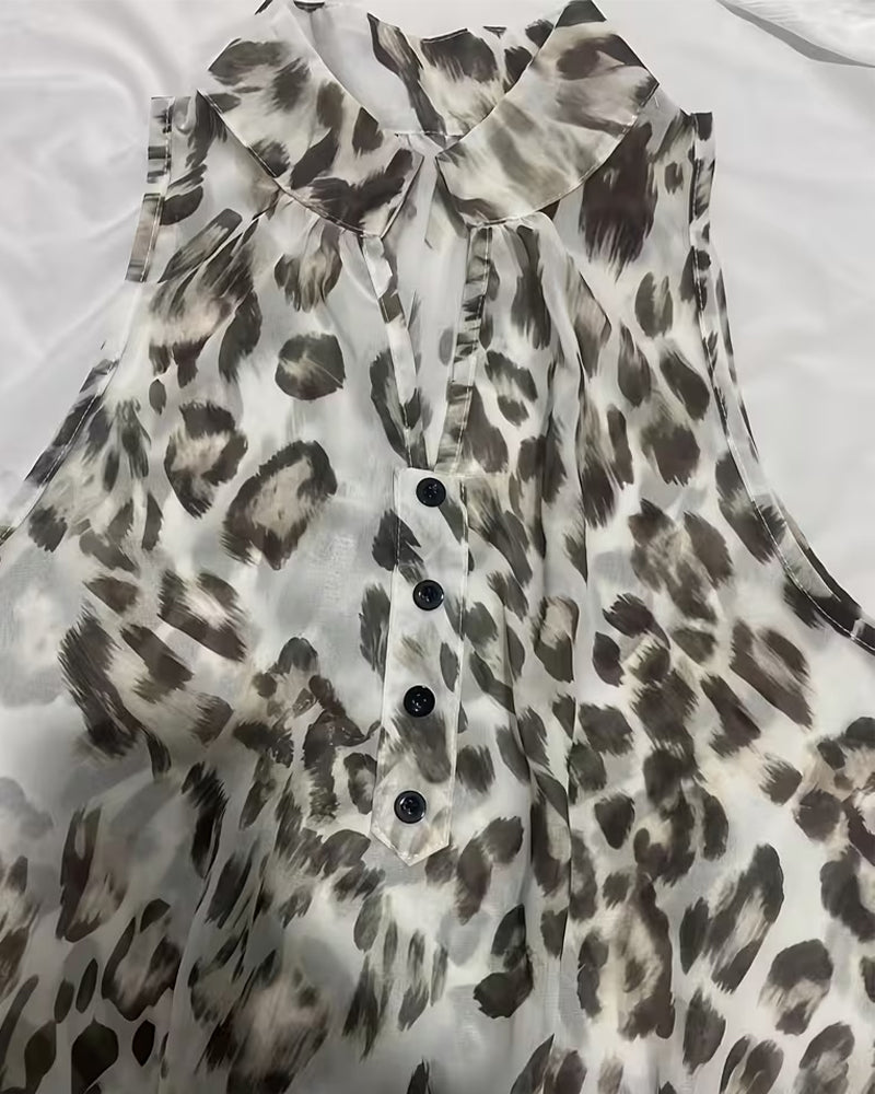 Jurk Luipaard Print Mandarin Kraag Ruffle