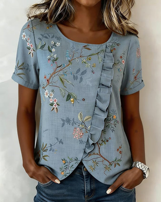 Blouse Ronde Hals Korte Mouw Ruche Bloemen