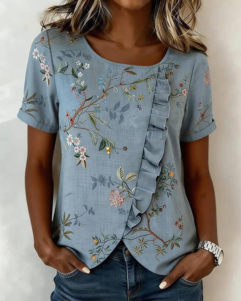 Blouse Ronde Hals Korte Mouw Ruche Bloemen