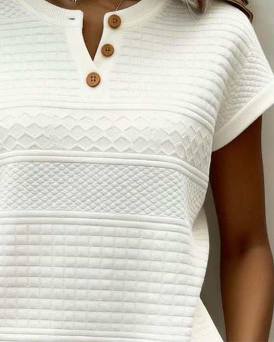 Kortmouwig V-hals Kantknopen T-Shirt Met Kabelssteek