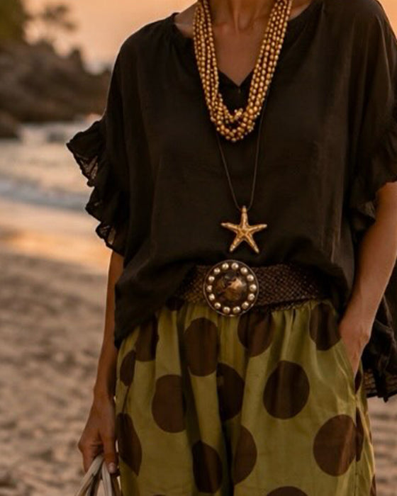 Set V-Hals Ruffle Top & Stip Broek
