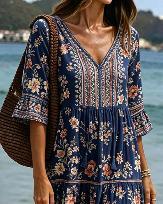 Jurk V-Hals Etnisch Bloemen Patchwork