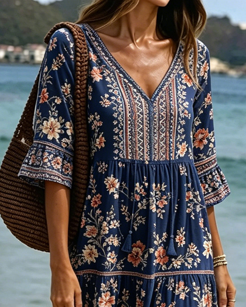 Jurk V-Hals Etnisch Bloemen Patchwork