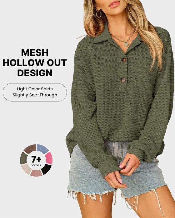 Blouse Effen Knoop-Down Los Kraag